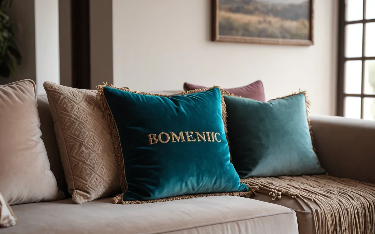 A cozy living room corner featuring a plush mauve and teal velvet pillow with long fringe details resting on a neutral beige sofa. Soft natural light streams through sheer white curtains illuminating the textured fabric and creating gentle shadows.