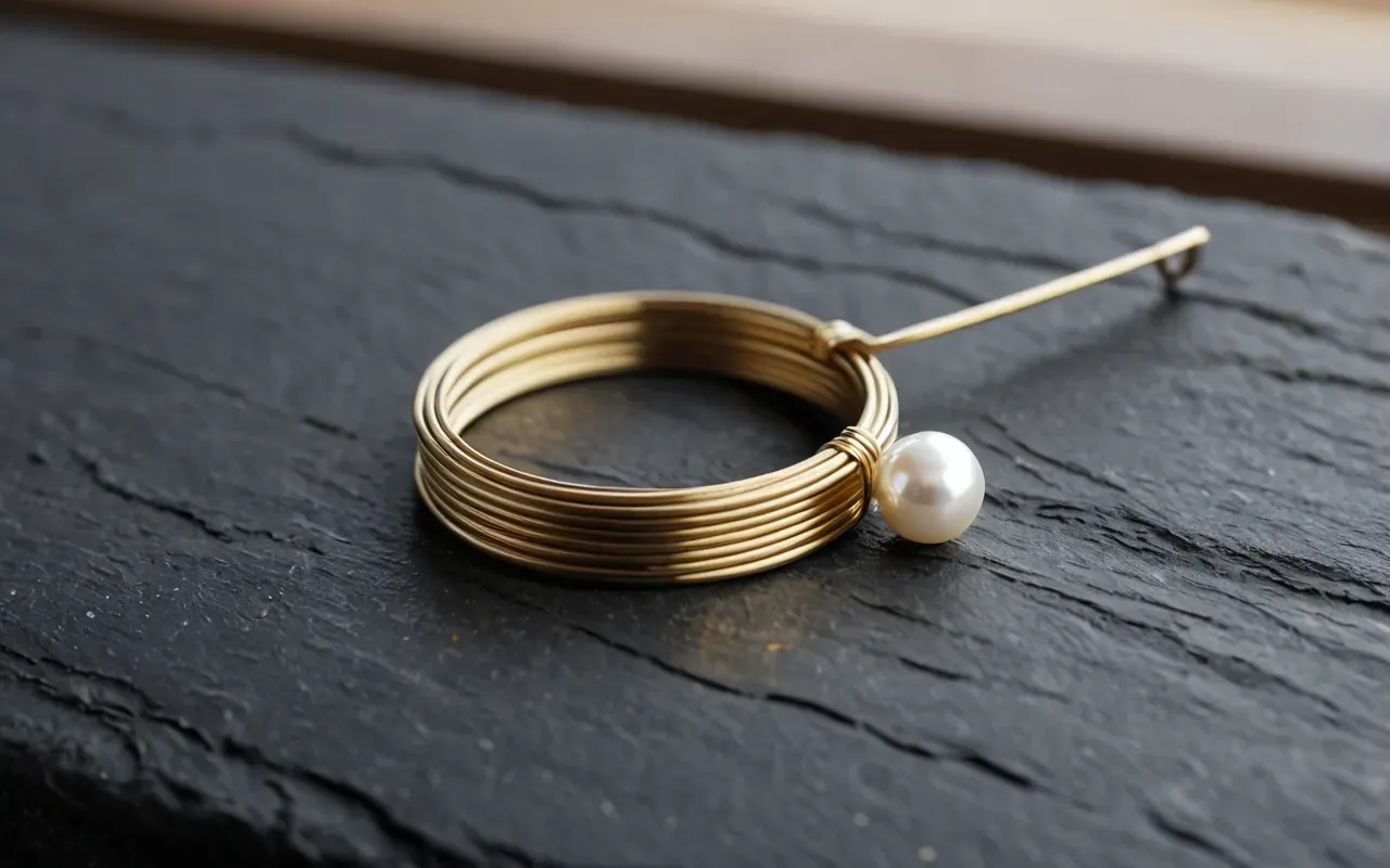 A finished gold wire ring with a small white pearl sitting on a smooth slate surface next to a pair of silver pliers and spools of thin metal wire under bright studio lighting.