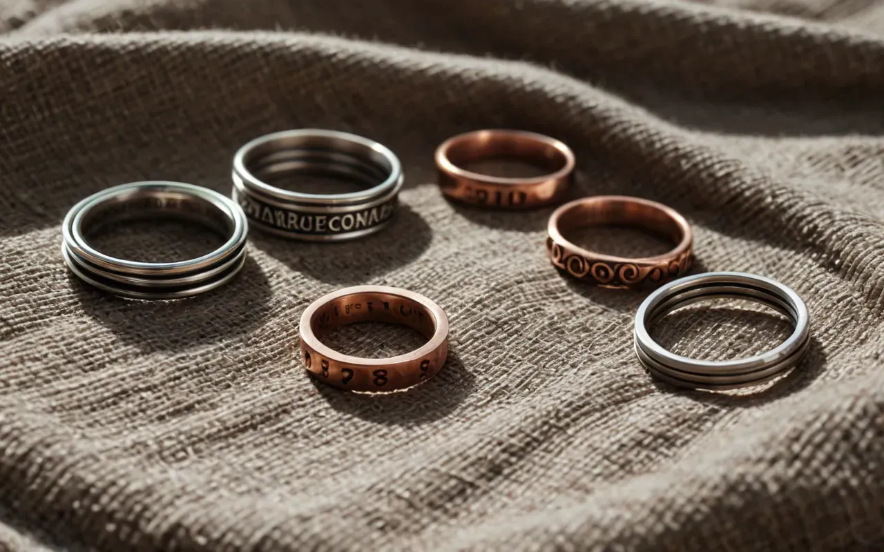 handmade wire ring collection A flat lay arrangement of various handmade copper and silver wire rings on a textured linen cloth with soft morning light creating gentle shadows that emphasize the organic curves and metallic sheen without any visible text or branding.