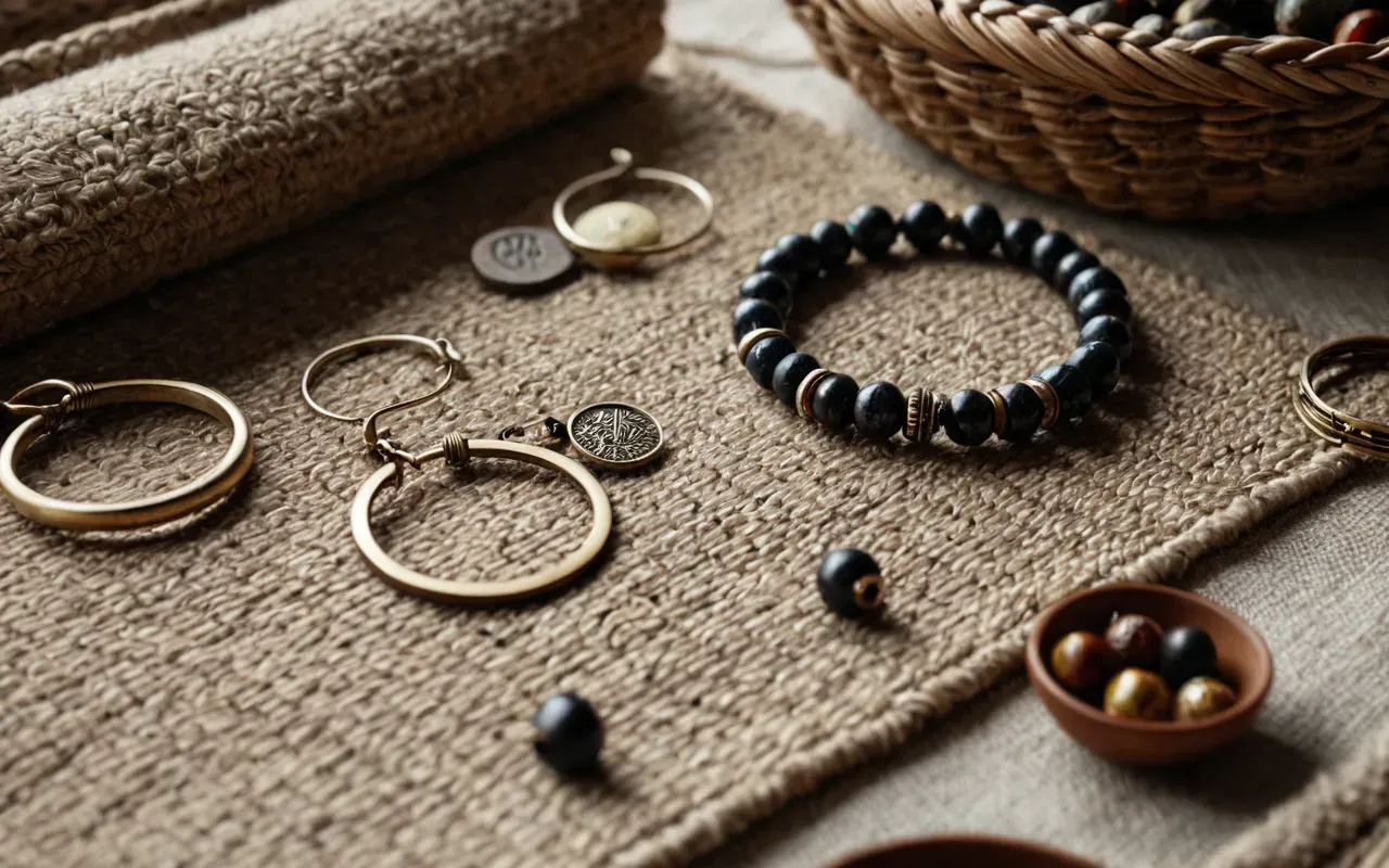 handmade jewelry flat lay organic materials texture closeup A flat lay arrangement of various handmade jewelry pieces including beads and metal hoops on a textured linen cloth with natural light highlighting the organic materials.