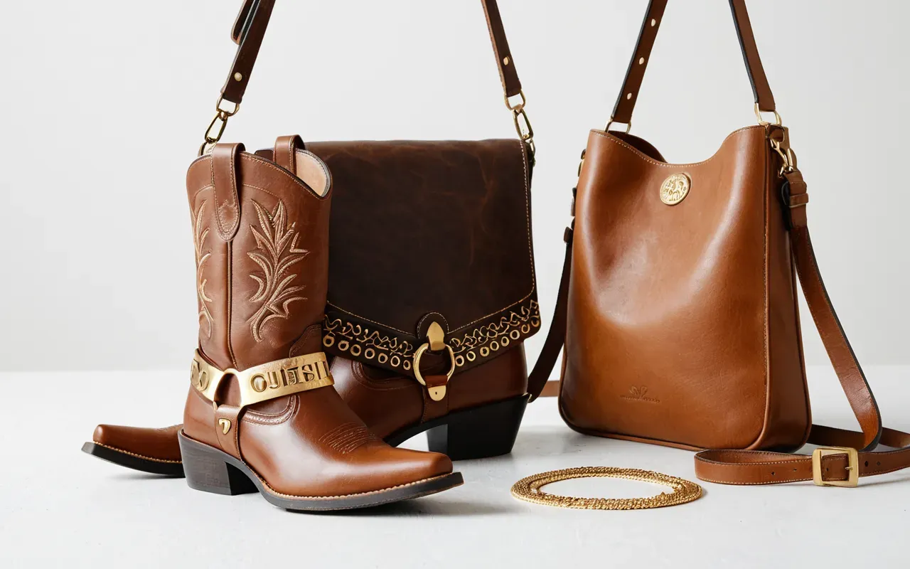coordinated fashion accessories A flat lay composition of a leather western boot a crossbody bag and a gold layered necklace arranged neatly on a plain white background with soft natural light casting gentle shadows around the items.