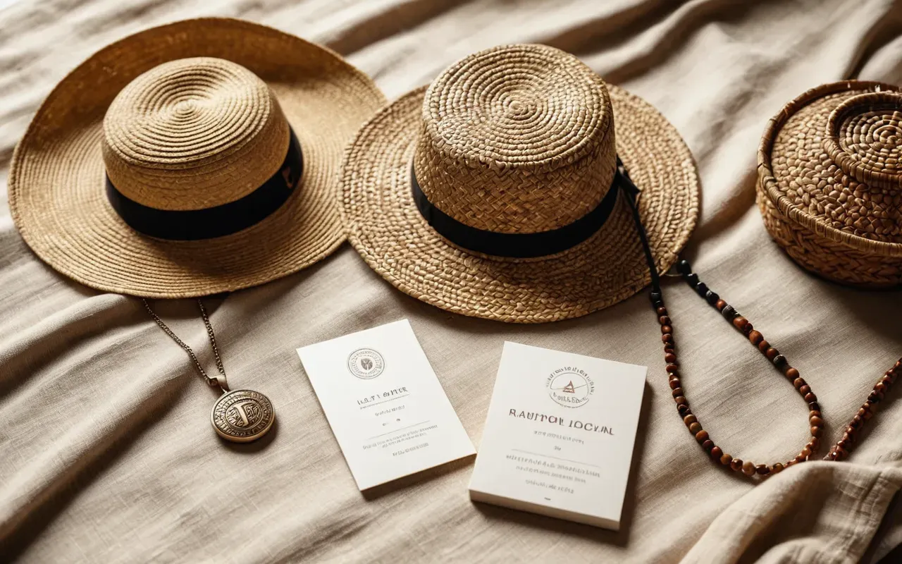 A flat lay of summer accessories including a woven straw bag a pair of wide brim hats and several necklaces arranged neatly on a light beige linen cloth with soft shadows indicating late afternoon sunlight creating a warm inviting aesthetic without any visible text or branding elements.