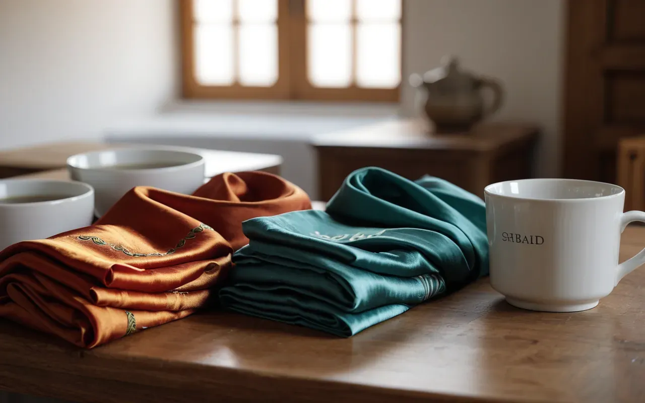 silk scarf collection A flat lay of various colorful silk scarves folded neatly on a light wooden table next to a simple white ceramic cup with soft morning sunlight casting gentle shadows across the scene.