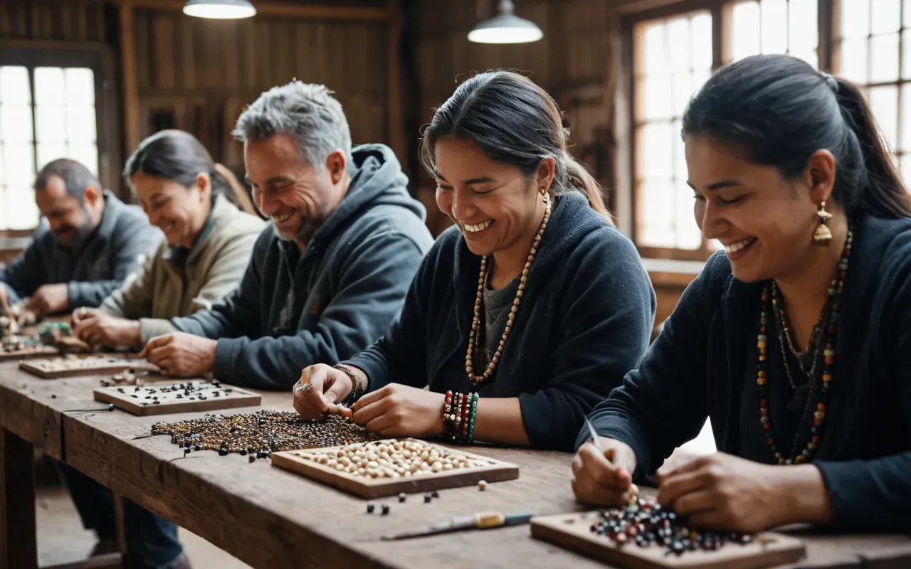 A group of people sitting at a long wooden table in a bright workshop, smiling while working on small jewelry projects with wire and beads.