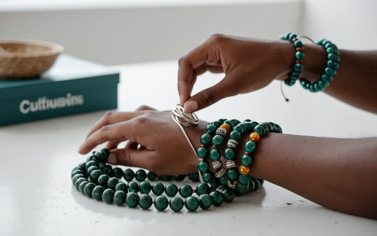 recycled jewelry materials A hand holding a finished wire bracelet next to a pile of recycled glass beads on a clean white table.