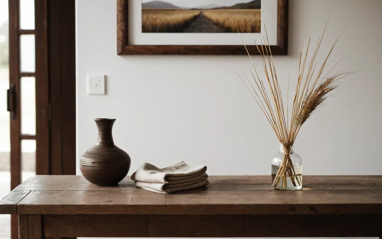 A minimalist entryway table featuring a small glass vase with dried reeds and a folded linen napkin. Soft diffused light illuminates the scene highlighting the clean lines and neutral color palette of the objects.