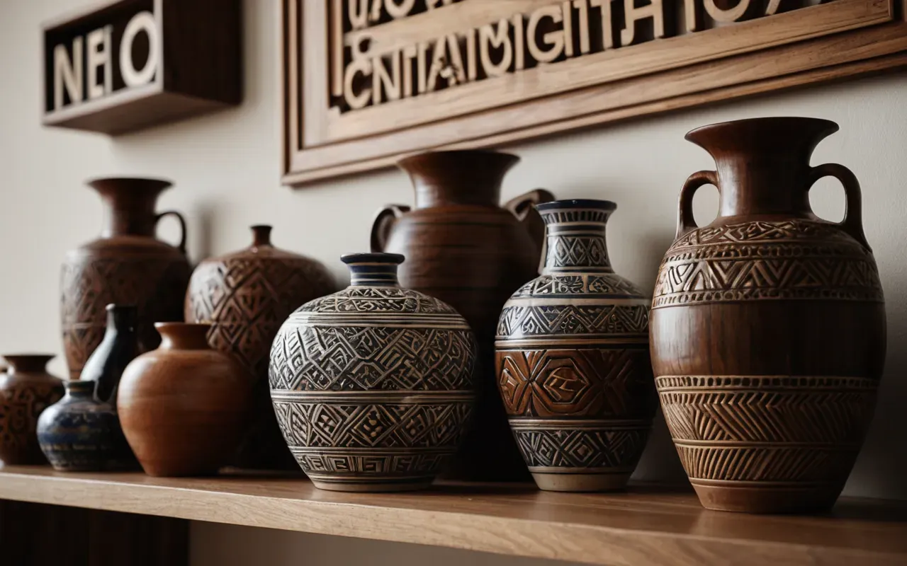 artistic decor items A modern interior space displaying hand carved wooden sculptures and ceramic vases with soft ambient lighting creating a serene atmosphere.