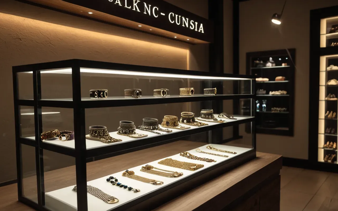 certified artisan jewelry A modern jewelry display case with various handmade bracelets and necklaces under warm spotlight lighting in a boutique setting.