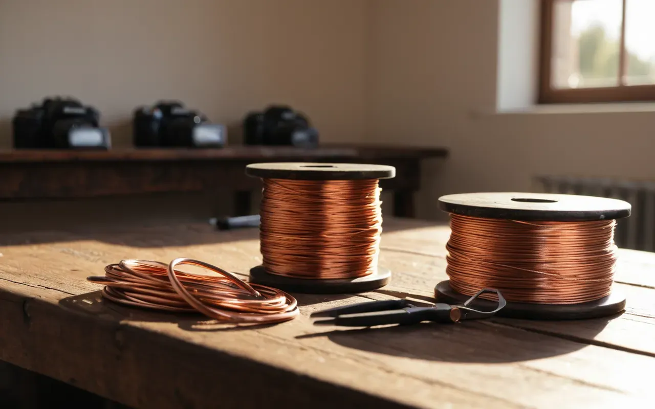 A modern minimalist desk setup with a small pile of copper wire spools and pliers arranged neatly on a wooden surface bathed in warm afternoon sunlight creating a cozy creative workspace atmosphere without any visible branding or text.