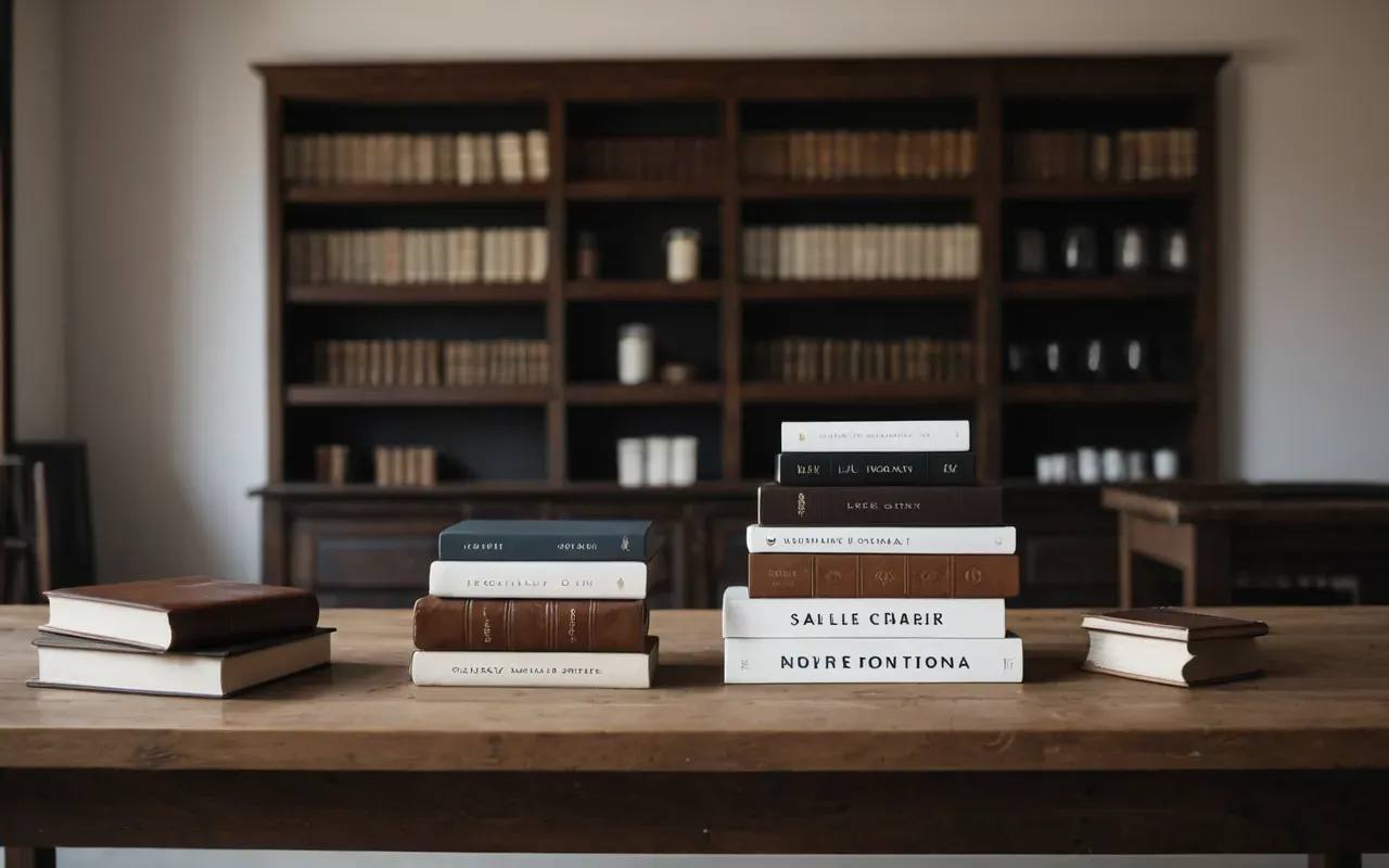 luxury book design aesthetic A modern minimalist interior space with a long wooden table. Several hardcover books with blank covers are stacked neatly next to small handcrafted leather clutches.