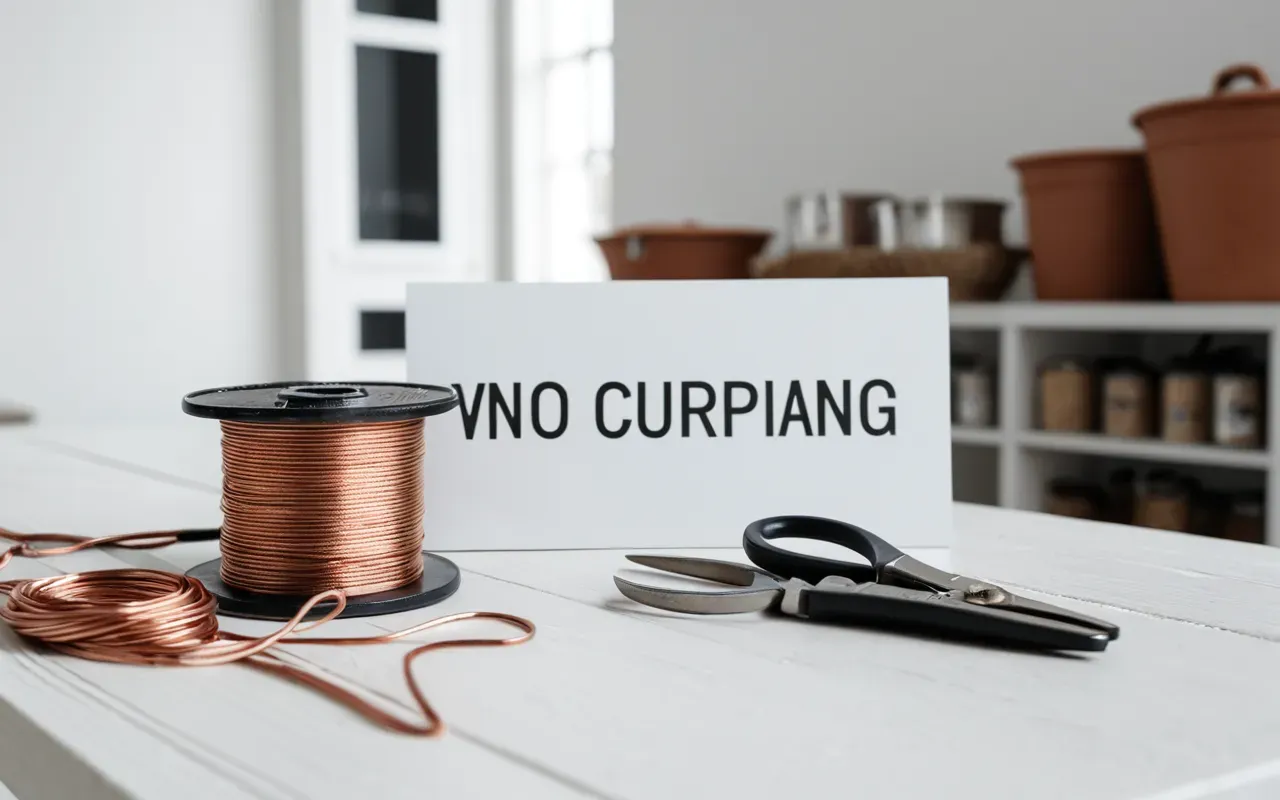 DIY ring making A modern workspace with a pair of silver pliers and spools of copper wire arranged neatly on a clean white wooden table.