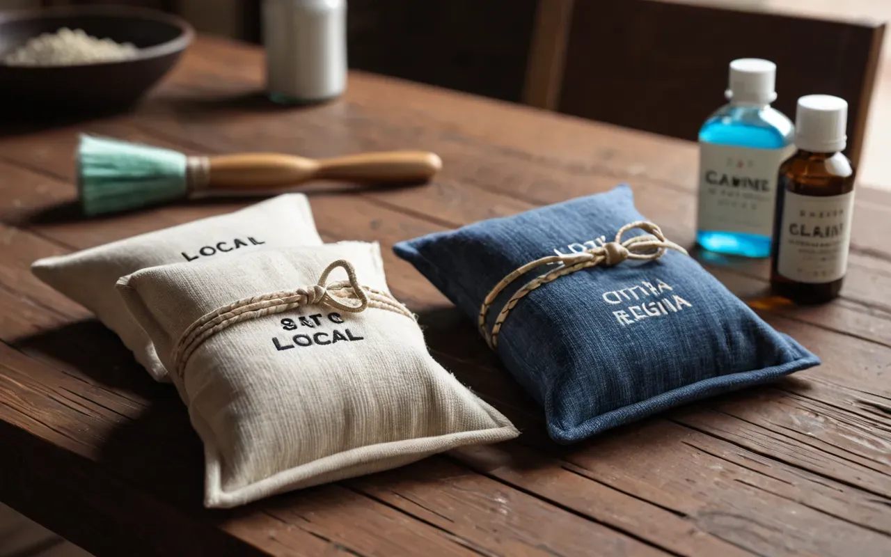 jewelry storage tips A neat arrangement of wrapped bracelets in soft fabric pouches on a wooden table. A small bottle of cleaning solution sits nearby with a brush.