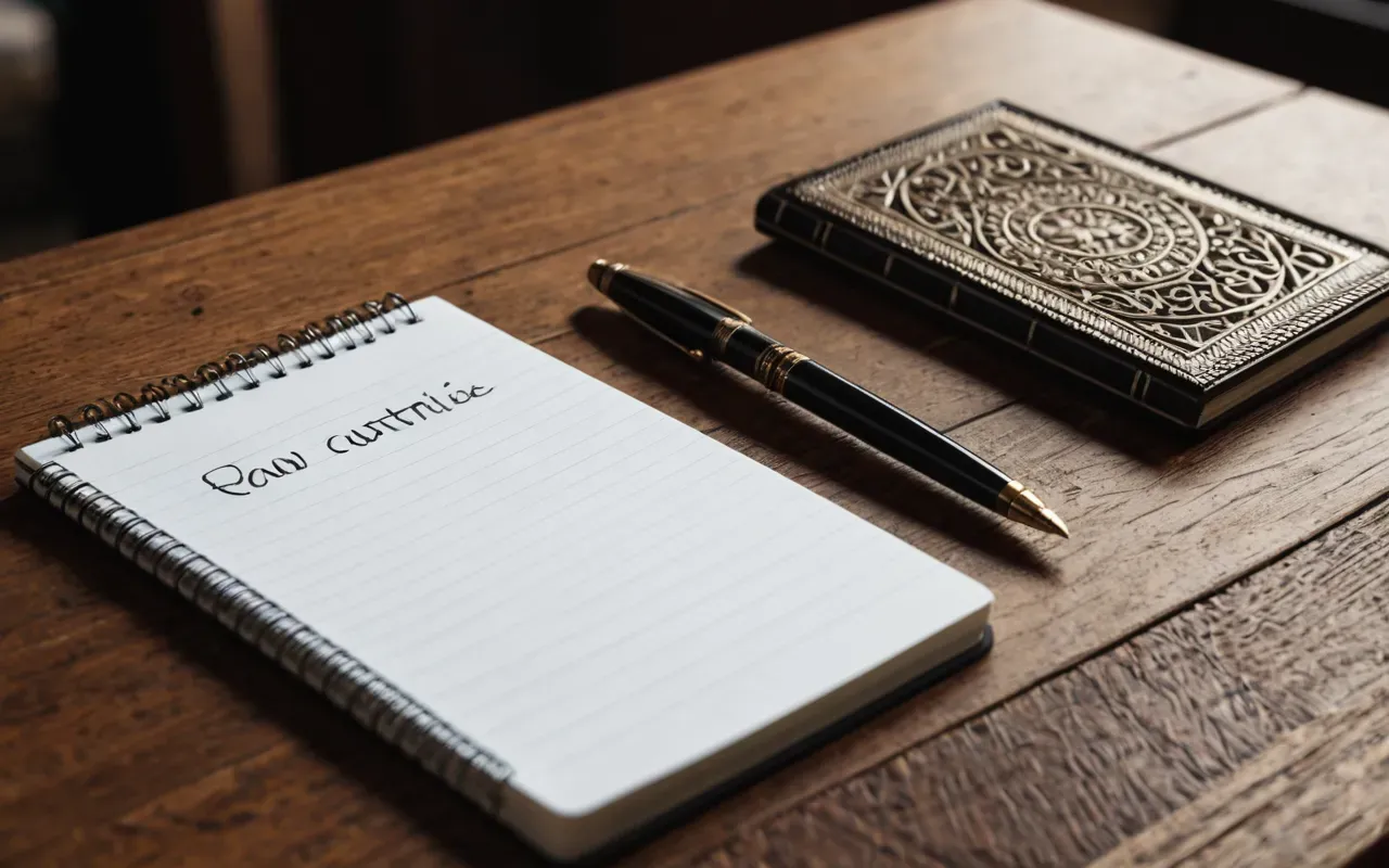 A notebook and pen lying on a wooden counter next to a small silver ring with an engraved pattern.