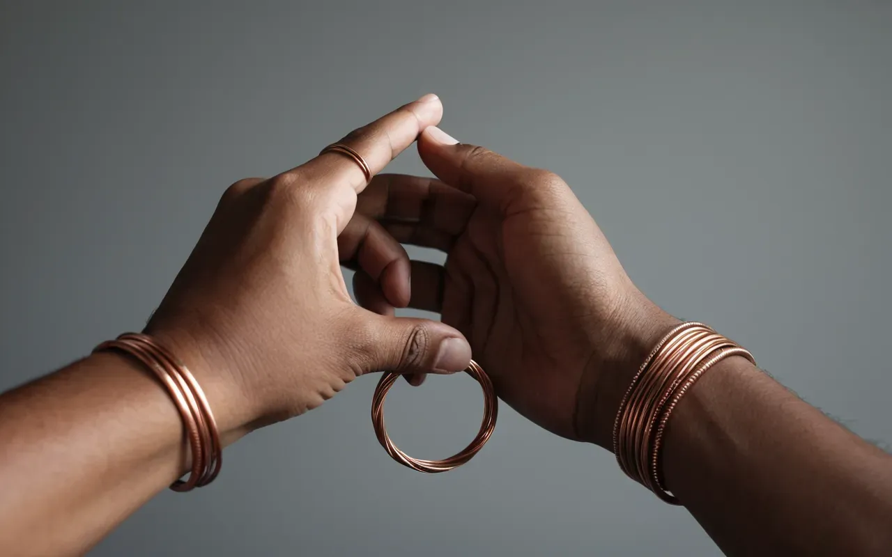 A pair of hands holding a finished copper wire bracelet against a neutral grey background with soft shadows emphasizing the three dimensional structure and metallic sheen without any logos or writing visible.