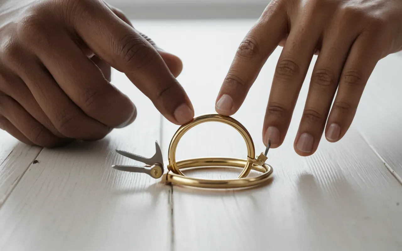 A pair of hands holding a gold wire ring in progress with round nose pliers visible nearby on a clean white wooden table surface showing the precise bending motion and metallic texture under bright even studio lighting without any text or branding.