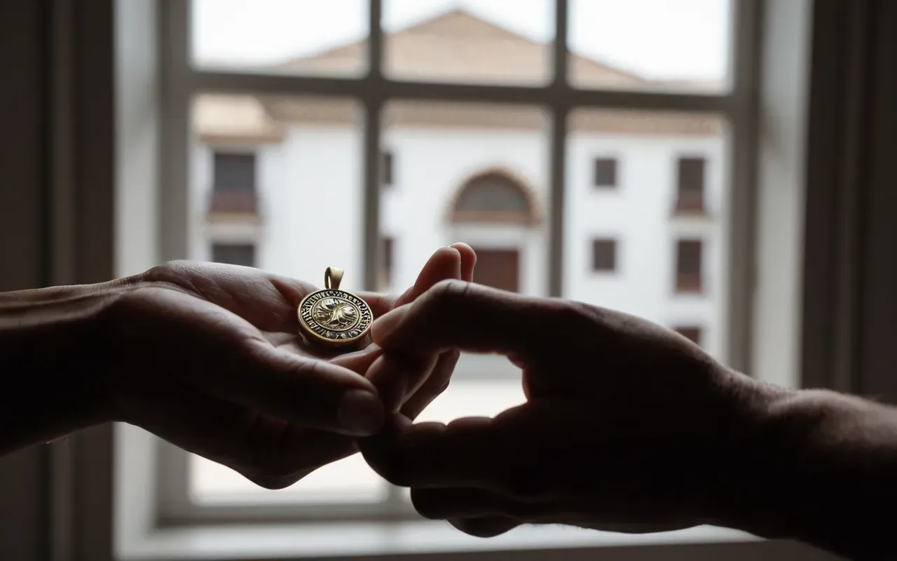 handmade floral jewelry A person s hand holding a small floral pendant between thumb and index finger examining the back side under bright natural window light with a soft focus background showing a plain white table surface without any text or branding visible.