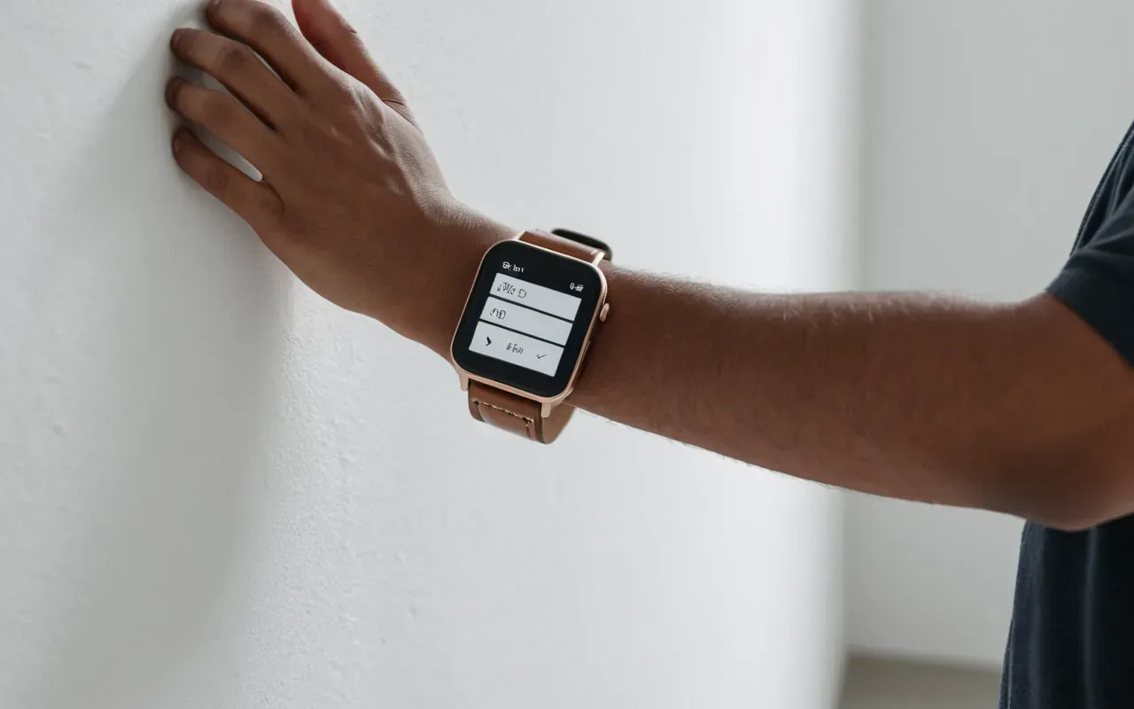 A person wearing a leather strap smartwatch with a casual outfit standing in front of a clean white wall showing modern and minimalist style.