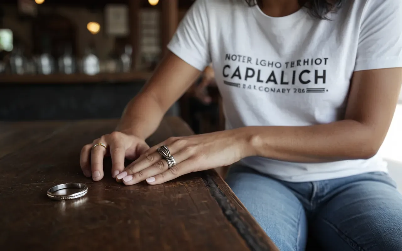 styling tips for jewelry A person wearing a simple white t-shirt and blue jeans with their hand resting on a table showing off a unique wire wrapped ring.