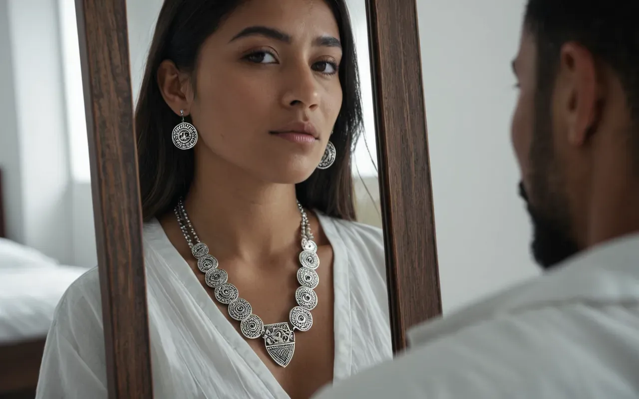certified artisan jewelry A person wearing a unique silver necklace with geometric shapes while looking into a mirror in a modern bedroom.