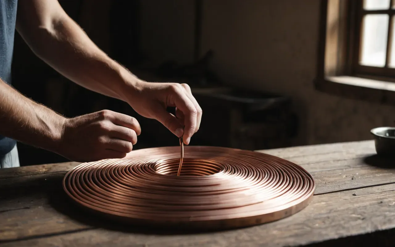 wire jewelry crafting process A person's hands gently twisting a piece of copper wire into a spiral shape on a wooden workbench with natural light illuminating the metallic reflections and focused expression captured from a side angle without any visible text or tools other than the wire.