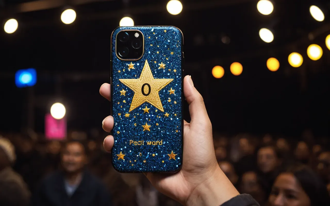 festival selfie moment A portrait of a person smiling while holding up a smartphone with a star patterned case near their face under bright stage lighting that creates colorful reflections on the skin and background.