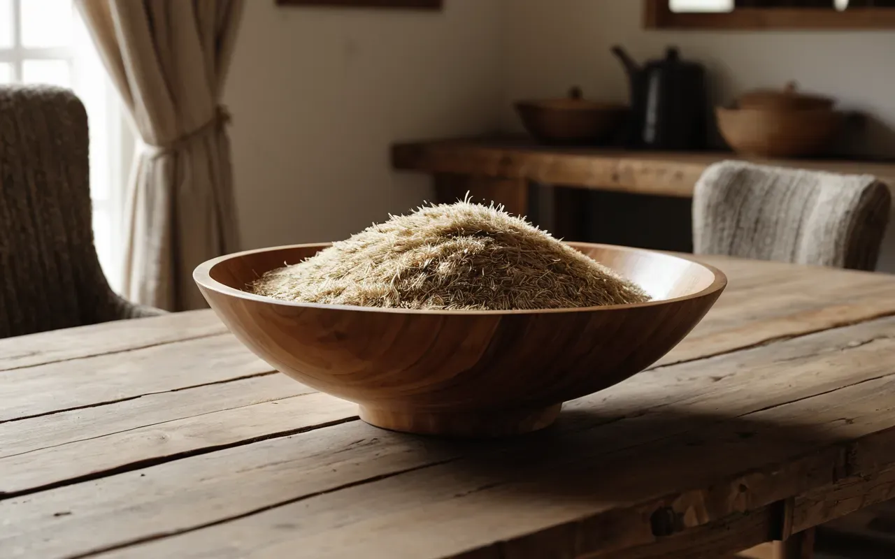 A rustic wooden serving bowl with organic curves and thick feet sits on a light oak dining table. Dried pampas grass is arranged loosely inside the vessel casting soft warm shadows in golden hour lighting.