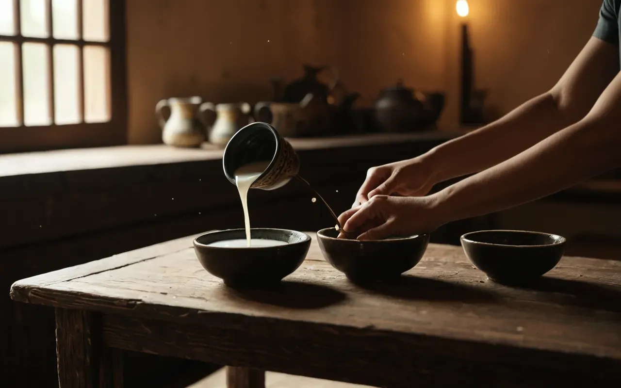handmade candle process A serene indoor scene showing hands carefully pouring liquid wax into small ceramic vessels on a wooden table, with soft warm lighting creating a calming and focused atmosphere. The background is blurred to emphasize the manual action.