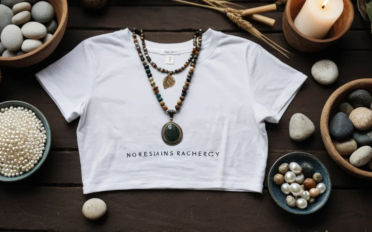 fashion styling inspiration A stylish flat lay composition showing a white t-shirt paired with layered handmade necklaces featuring natural stones and pearls, alongside a small ceramic candle on a clean light-colored surface. The arrangement is neat and aesthetically pleasing.