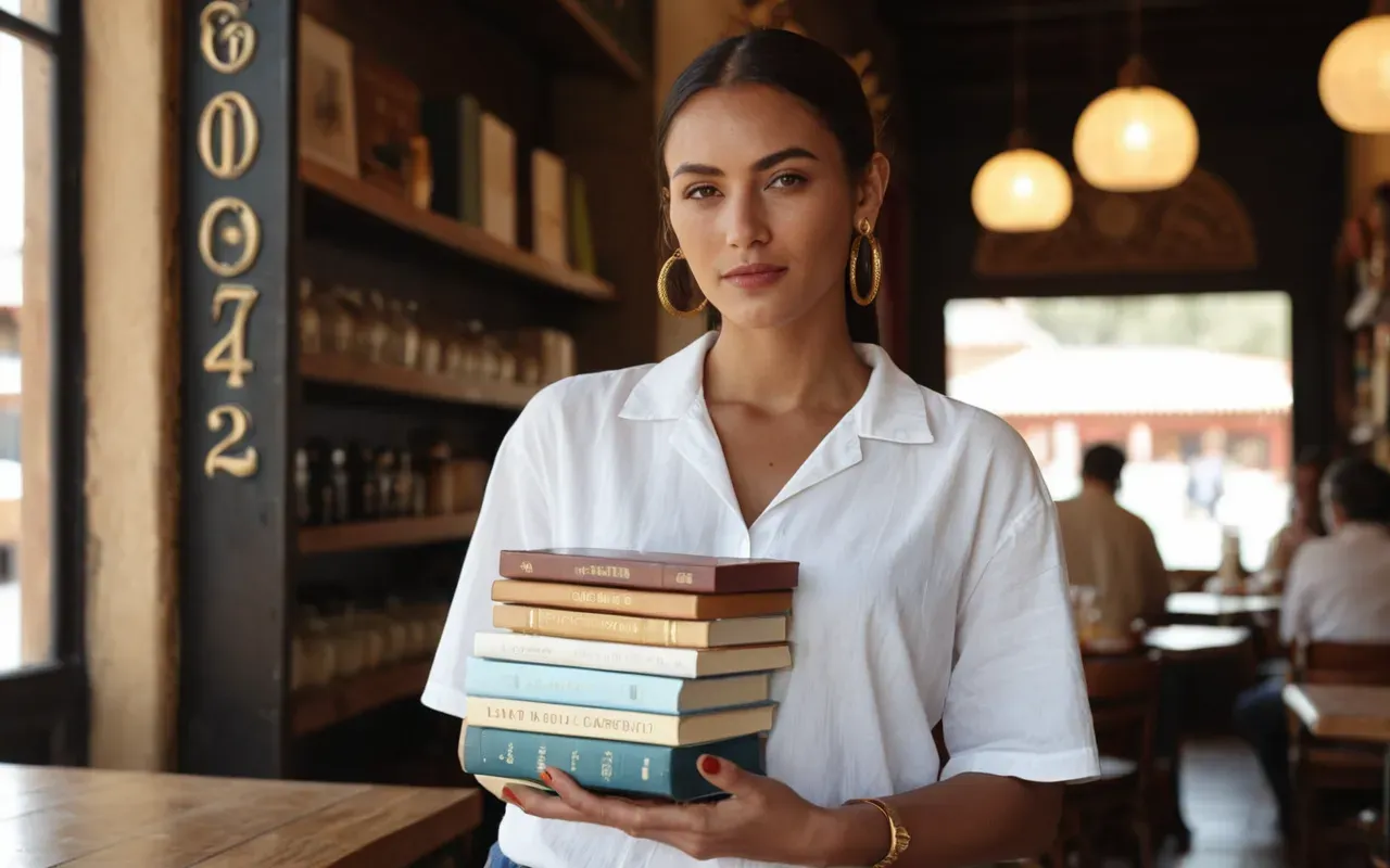 casual intellectual style look A stylish woman standing in a sunlit cafe holding a stack of colorful hardcover books under one arm. She wears a simple white shirt and gold hoop earrings with no visible logos.