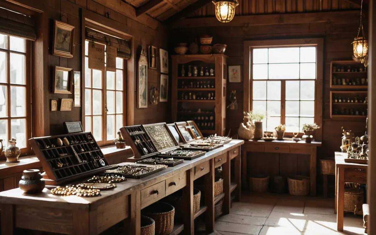 artisanal gallery A sunlit interior of a vintage wooden bungalow filled with handcrafted jewelry displays and fine art pieces, featuring warm natural lighting and elegant textures.