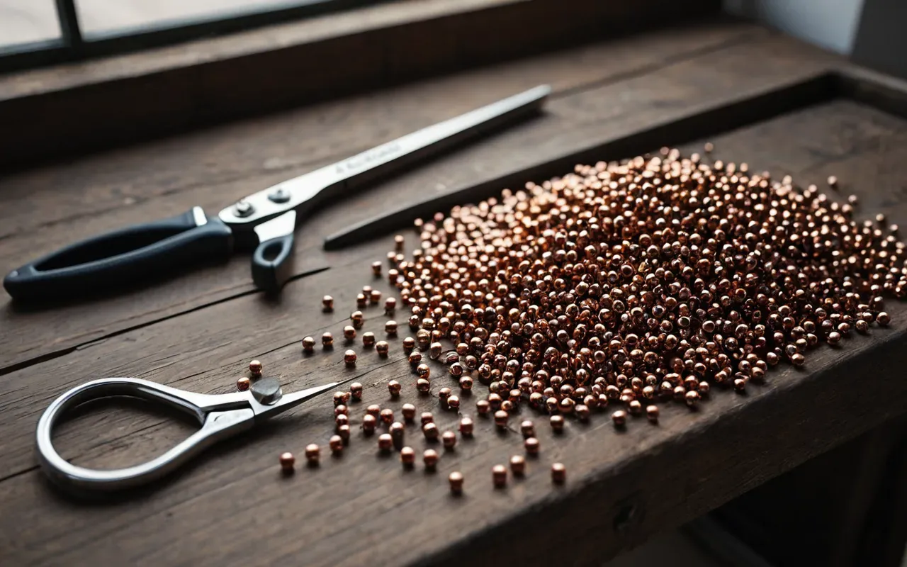 jewelry making tools A top-down view of a wooden workbench with copper wire coils and small glass beads scattered neatly. A pair of silver pliers rests nearby under bright studio lighting.