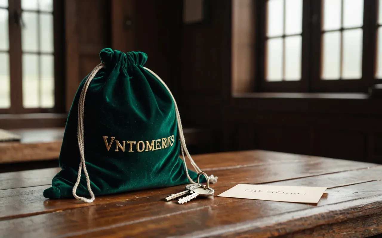 vintage handbag design A vintage drawstring pouch made of dark green velvet resting on a wooden table next to small silver keys and a folded letter under soft window light with no text visible.