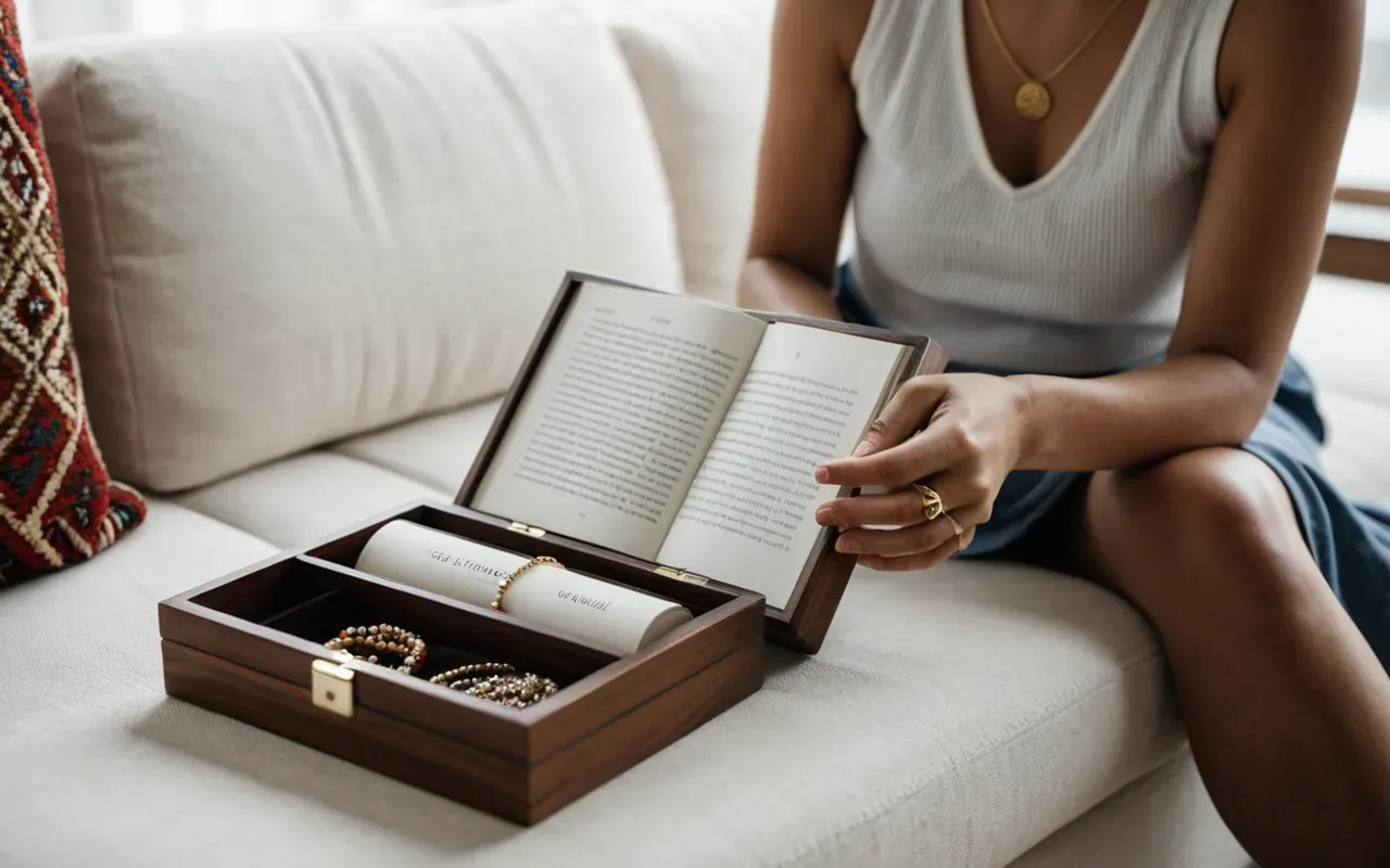 reading and jewelry lifestyle A woman sitting on a modern white sofa reading a hardcover book. A small handmade wooden jewelry box sits on the side table next to her.