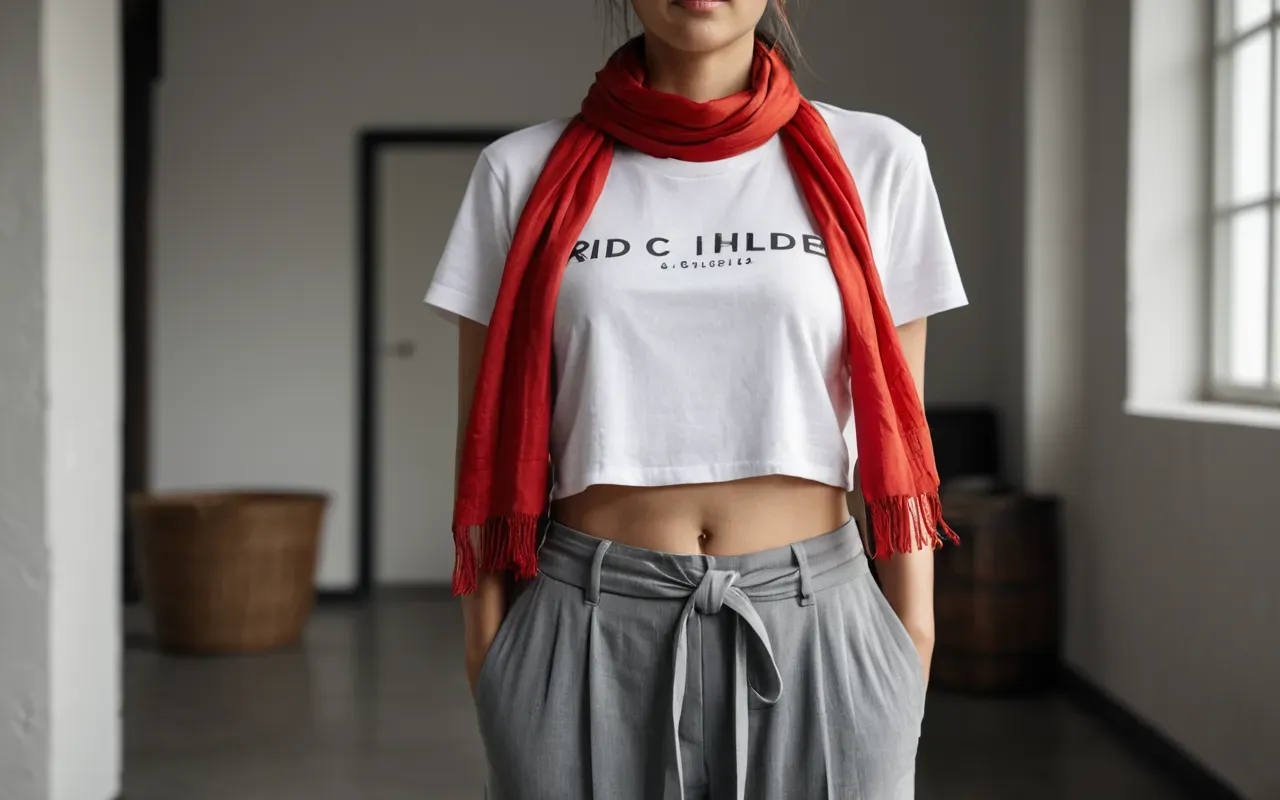 red silk scarf style A woman standing in a minimalist studio setting wearing a white t shirt and grey trousers with a vibrant red silk scarf tied loosely at her waist holding one end casually.