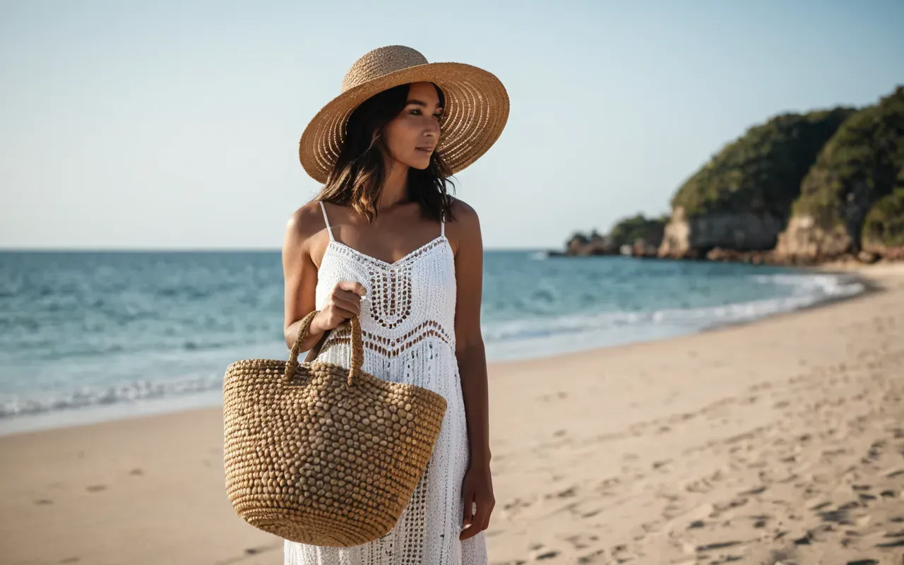 A woman standing on a sandy beach holding a large woven straw tote bag over her shoulder wearing a white cotton crochet dress and wide brim hat with the ocean visible in the background under bright clear skies capturing a relaxed summer vibe without any text or logos.