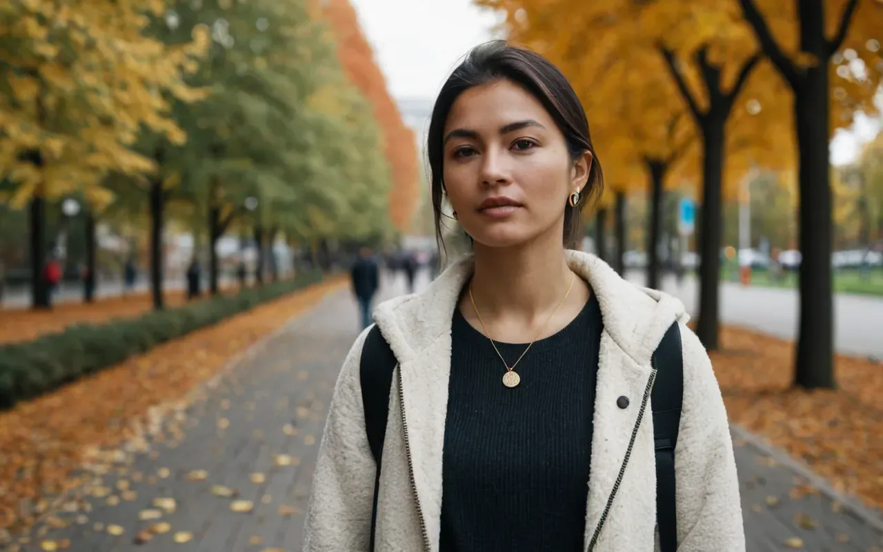A woman wearing a simple pendant necklace with a natural stone at her throat while walking through a modern city park with autumn leaves.