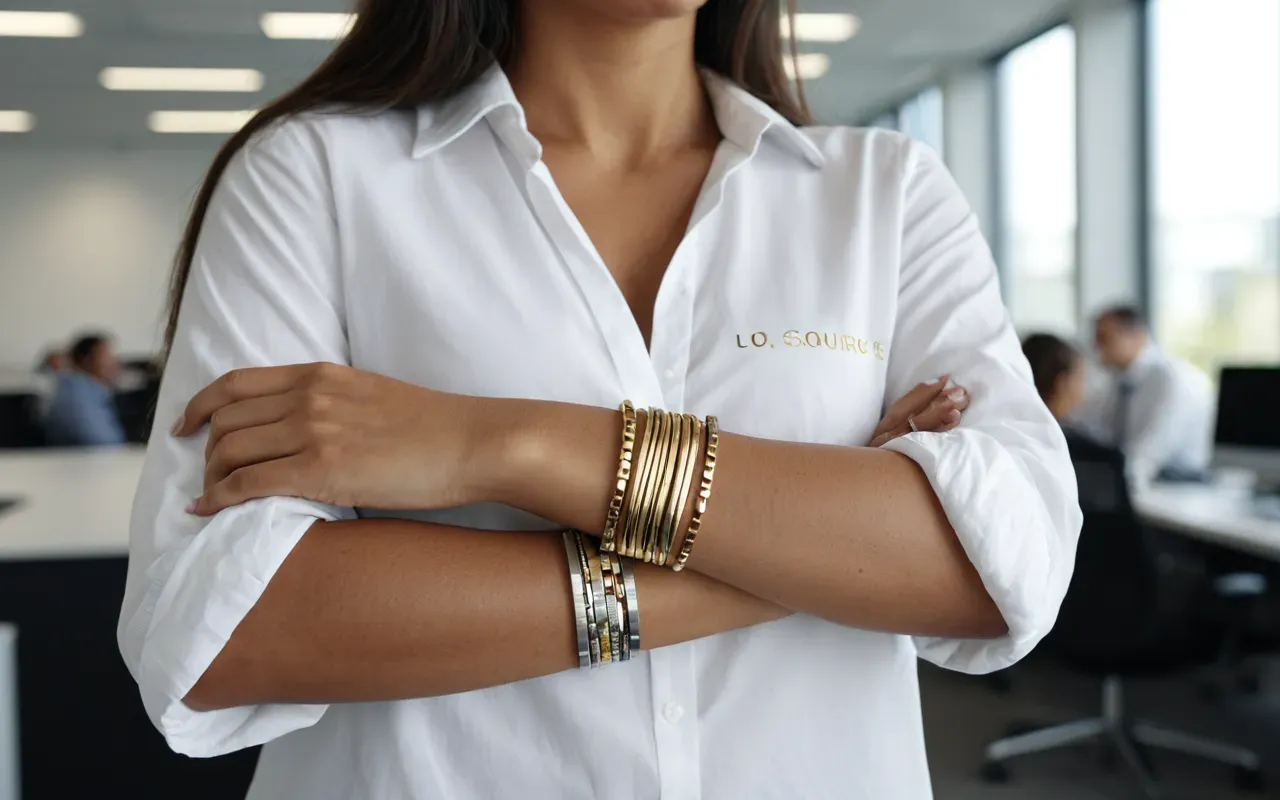 everyday wristwatch styling A woman's wrists showing a layered look with simple gold and silver bracelets. She is wearing a white shirt sleeve in a bright office setting.