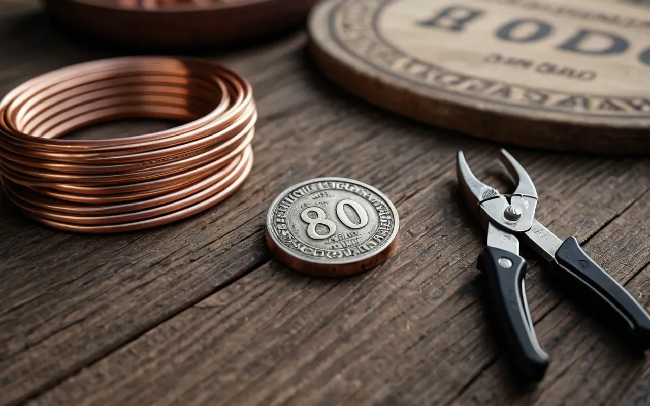 jewelry crafting setup A workspace with copper wire coils pliers and a finished ring arranged neatly on a wooden surface.