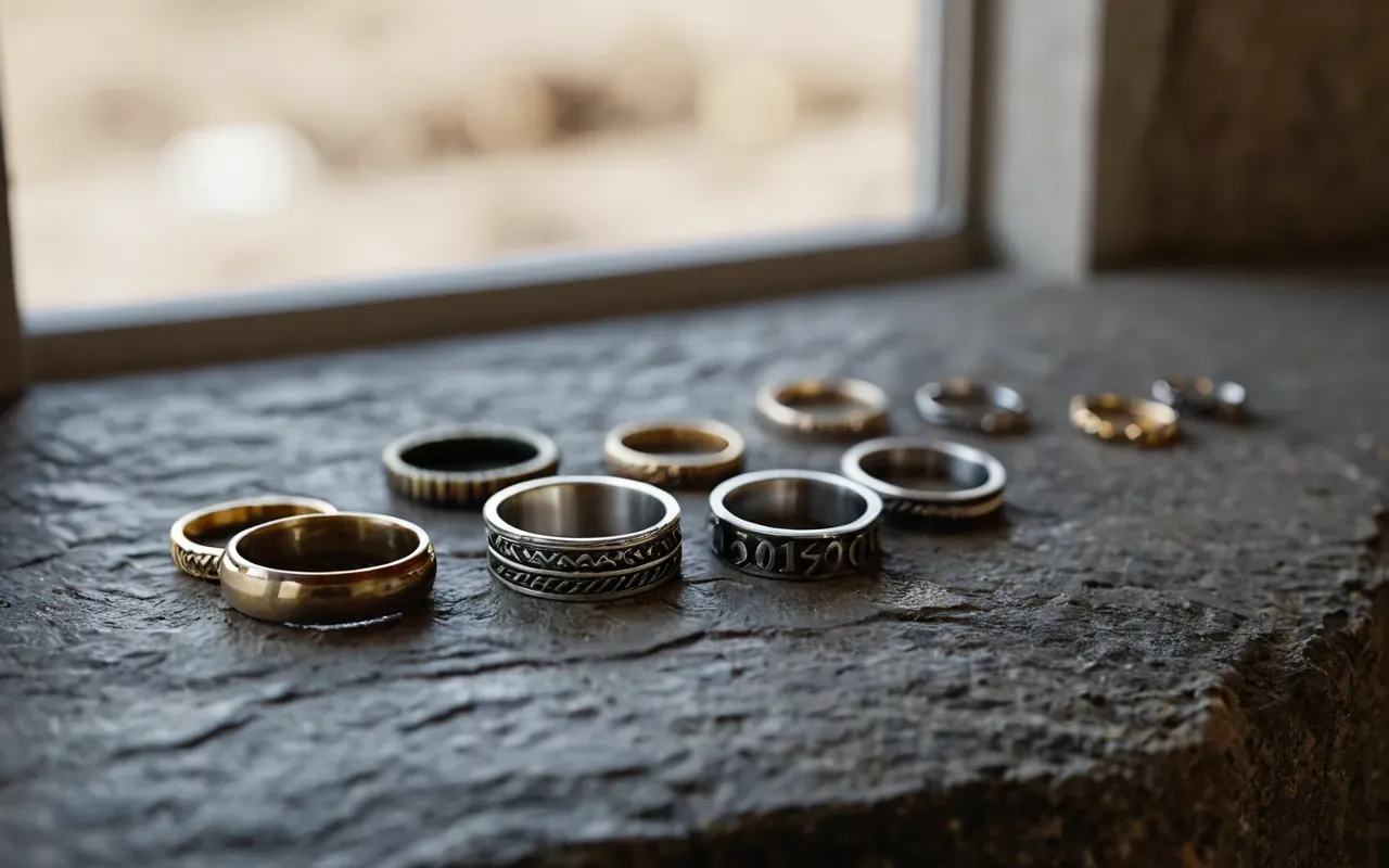 Clean editorial still life of assorted handmade rings arranged on a textured stone slab, diffused soft daylight from side window, neutral earth tones, high resolution product photography