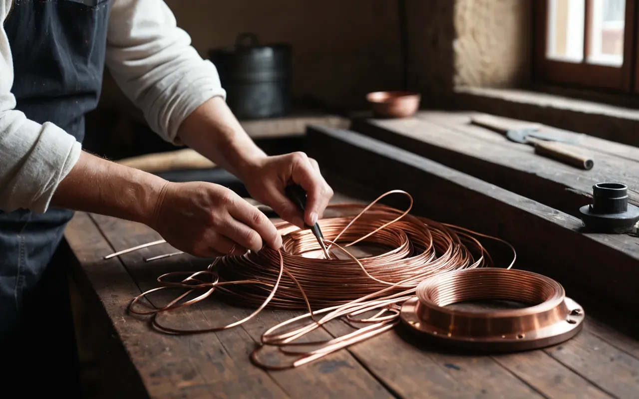 Close-up editorial photograph of hands working with copper wire on a wooden workbench, soft natural window light, shallow depth of field showing blurred tools in background