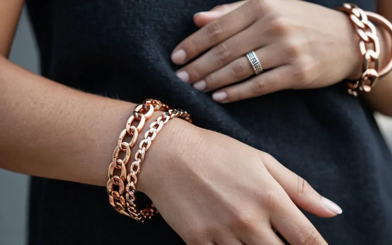 mixed metal jewelry layering 2026 Close-up editorial photograph of three different metal bracelets layered on one wrist — rose gold chain link, brushed sterling bangle, and hammered copper cuff — against a soft neutral linen background, natural window light from the right side, shallow depth of field highlighting texture differences between metals