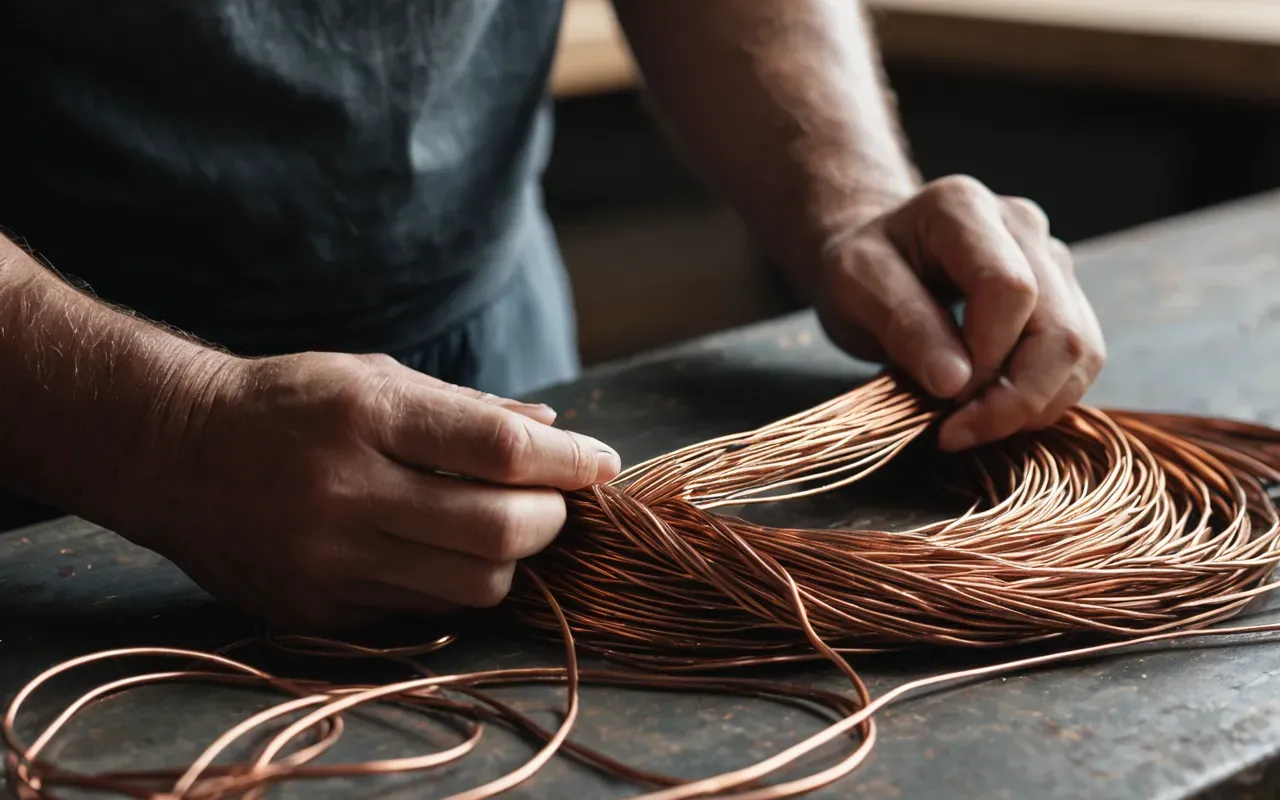 Close up macro shot of hands weaving thin copper wires together on a workbench with soft natural light highlighting the metallic texture and intricate knotting details without any background distractions or text.