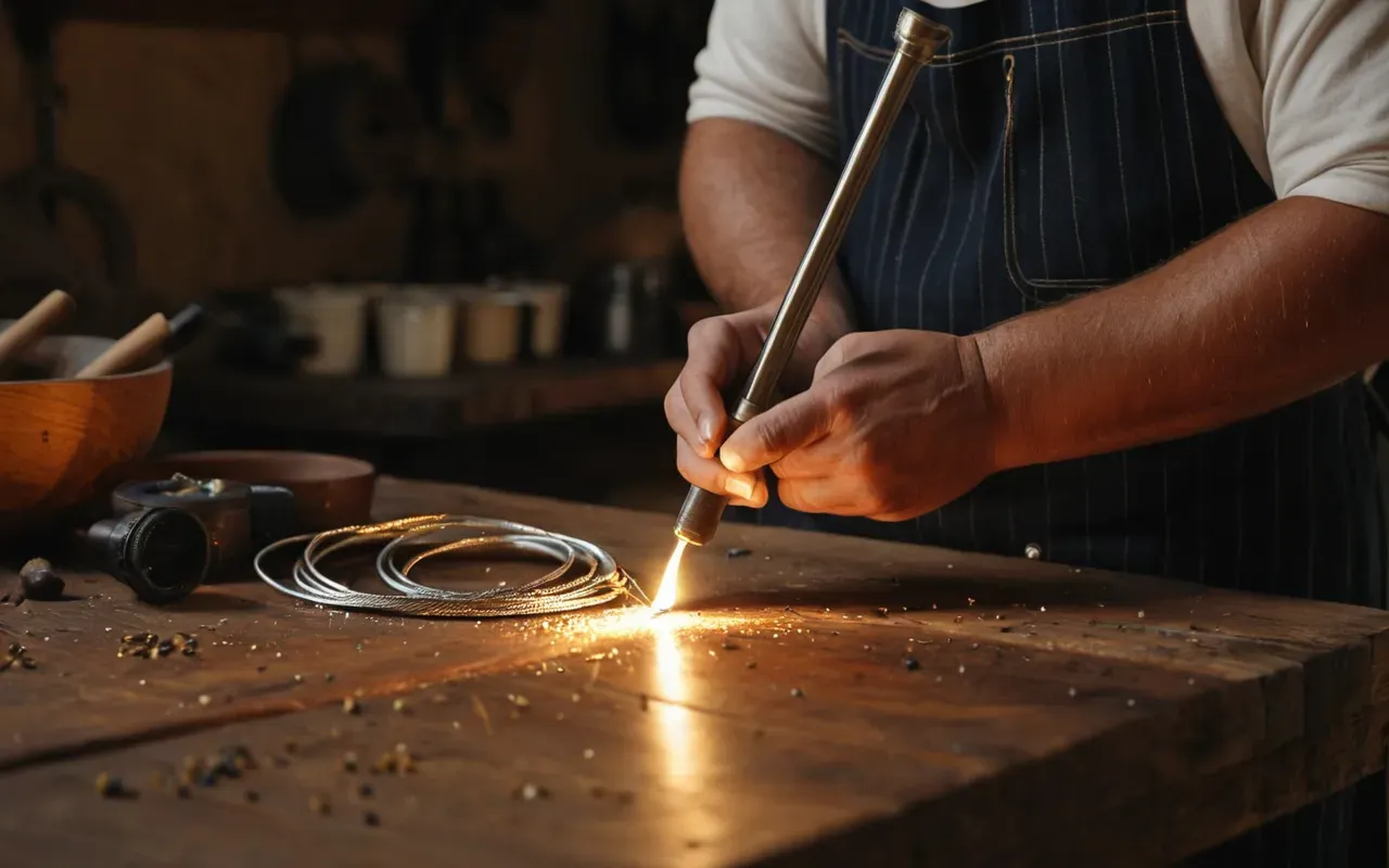 Close-up macro shot of hands working with a jeweler's torch and silver wire on a wooden workbench, warm focused lighting, shallow depth of field