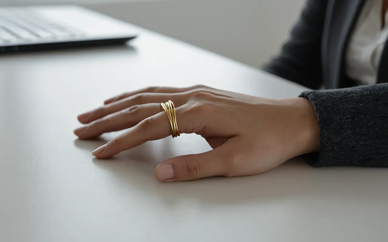 Close-up of a hand holding a delicate gold wire ring with a small amber stone against a blurred background of a modern minimalist workspace with soft natural light and neutral tones.