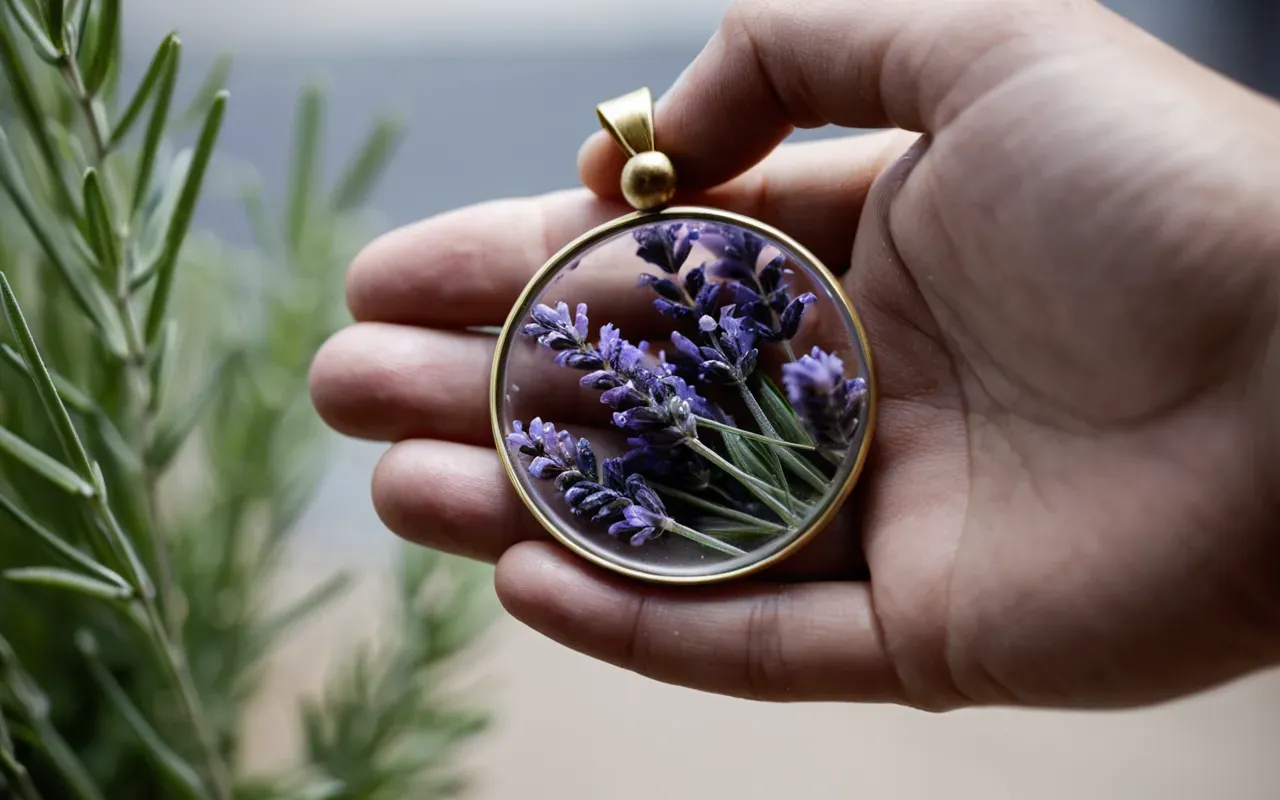 bio resin jewelry Close-up of a hand holding a round bio-resin pendant containing dried purple lavender flowers and green leaves, soft natural light highlighting the transparency of the resin dome