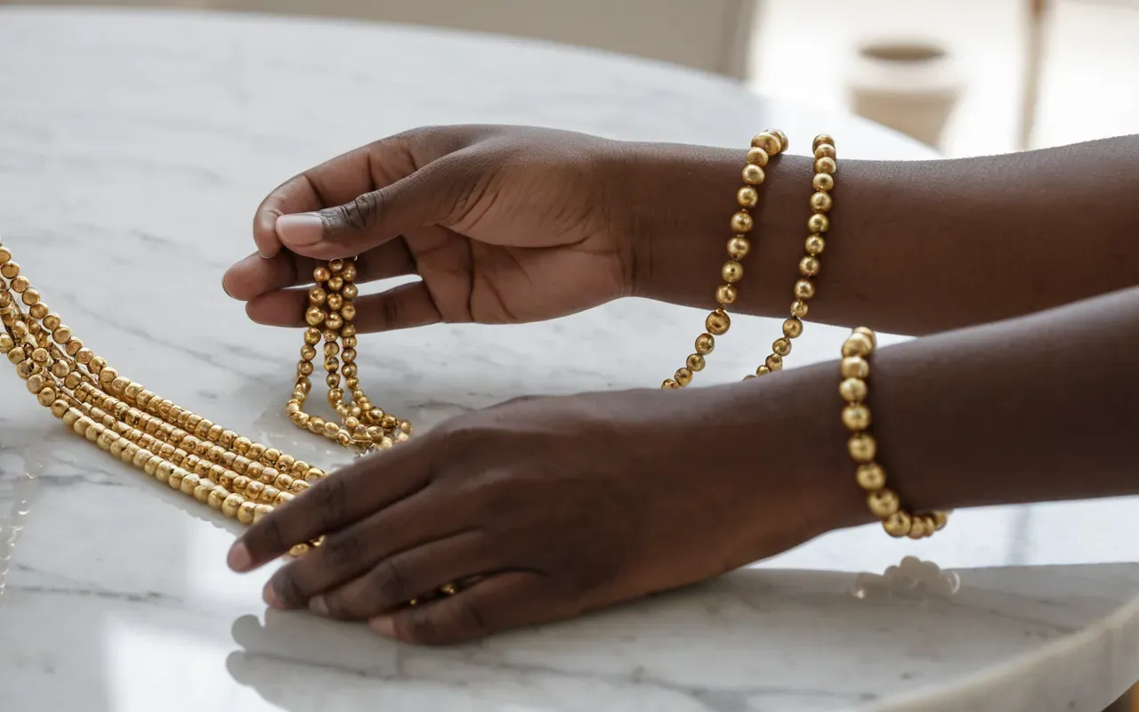 Close up of a hand holding two necklaces one thin gold chain and one thicker handmade beaded strand side by side on a white marble table with soft natural light highlighting the texture difference between the two pieces without any text or logos visible.