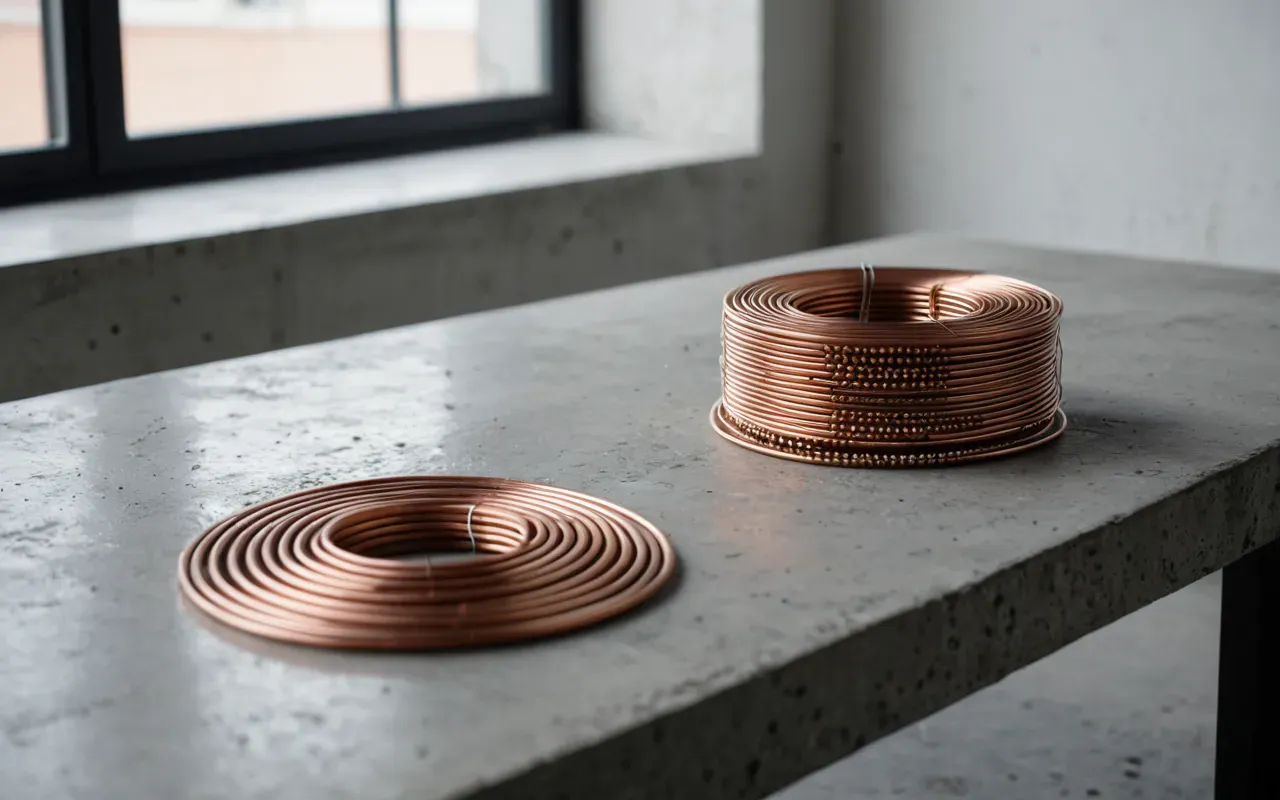 handmade materials Close-up of a modern minimalist workspace with scattered copper wire coils and small glass beads on a concrete table, soft natural daylight from a large window in the background