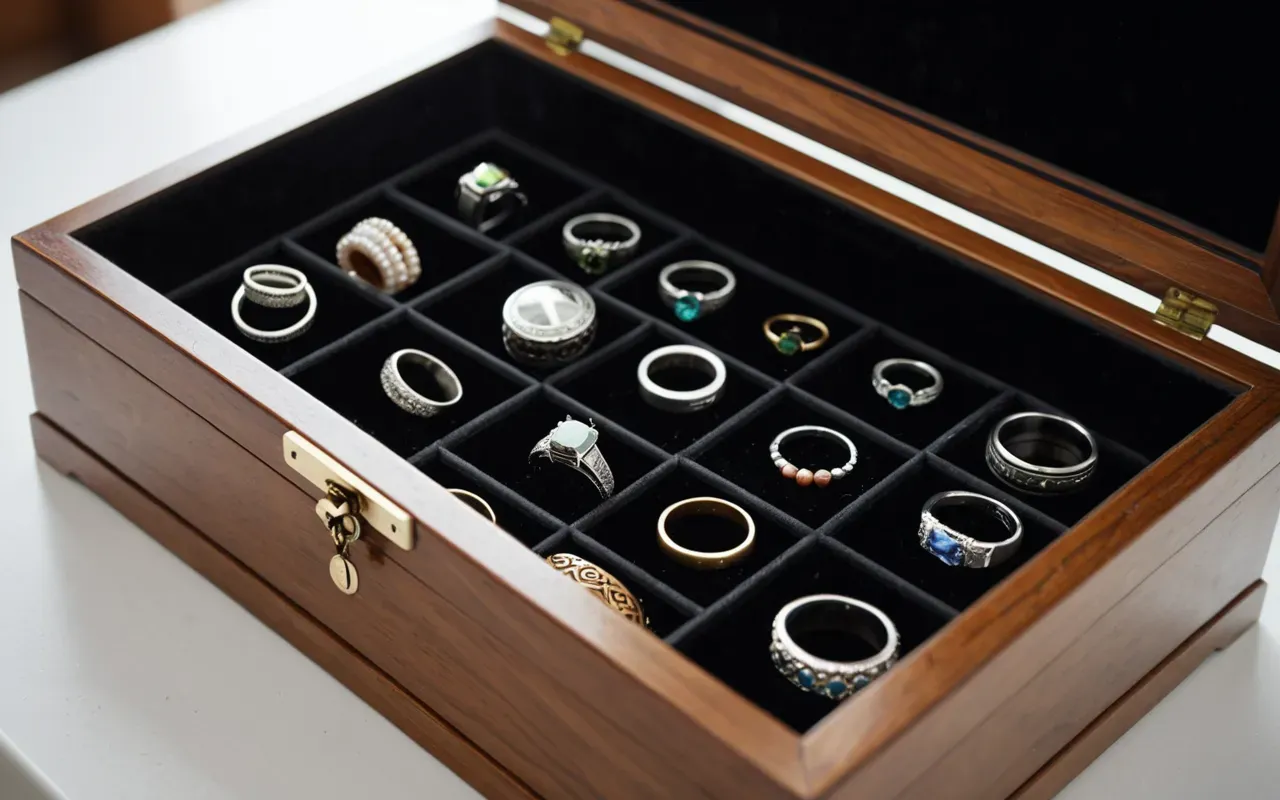 Close-up of a wooden jewelry box open on a white surface, showing compartments with velvet lining and several handmade silver rings and necklaces neatly arranged, soft shadow play from natural light