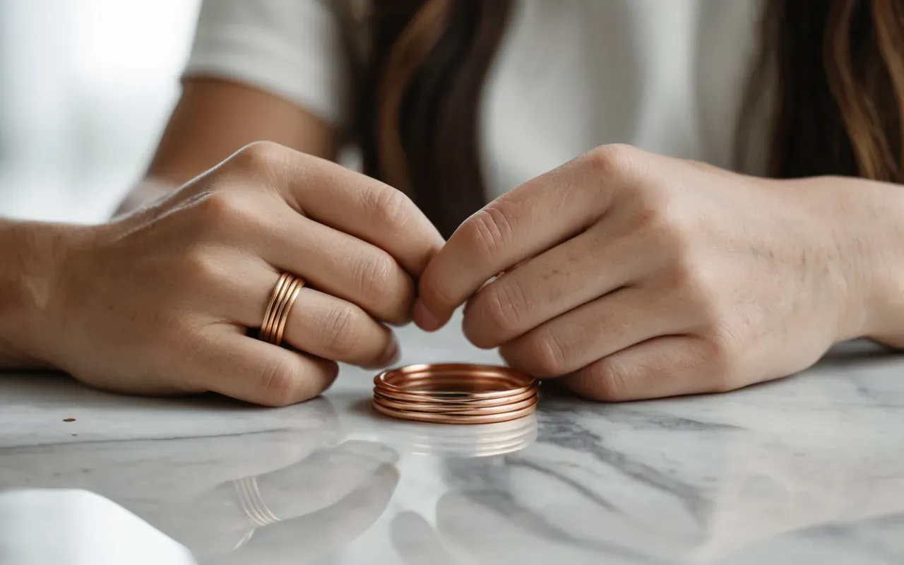 copper wire ring close up Close-up of hands holding a simple twisted copper wire ring next to two polished gold rings on a white marble surface with soft natural lighting and shallow depth of field.
