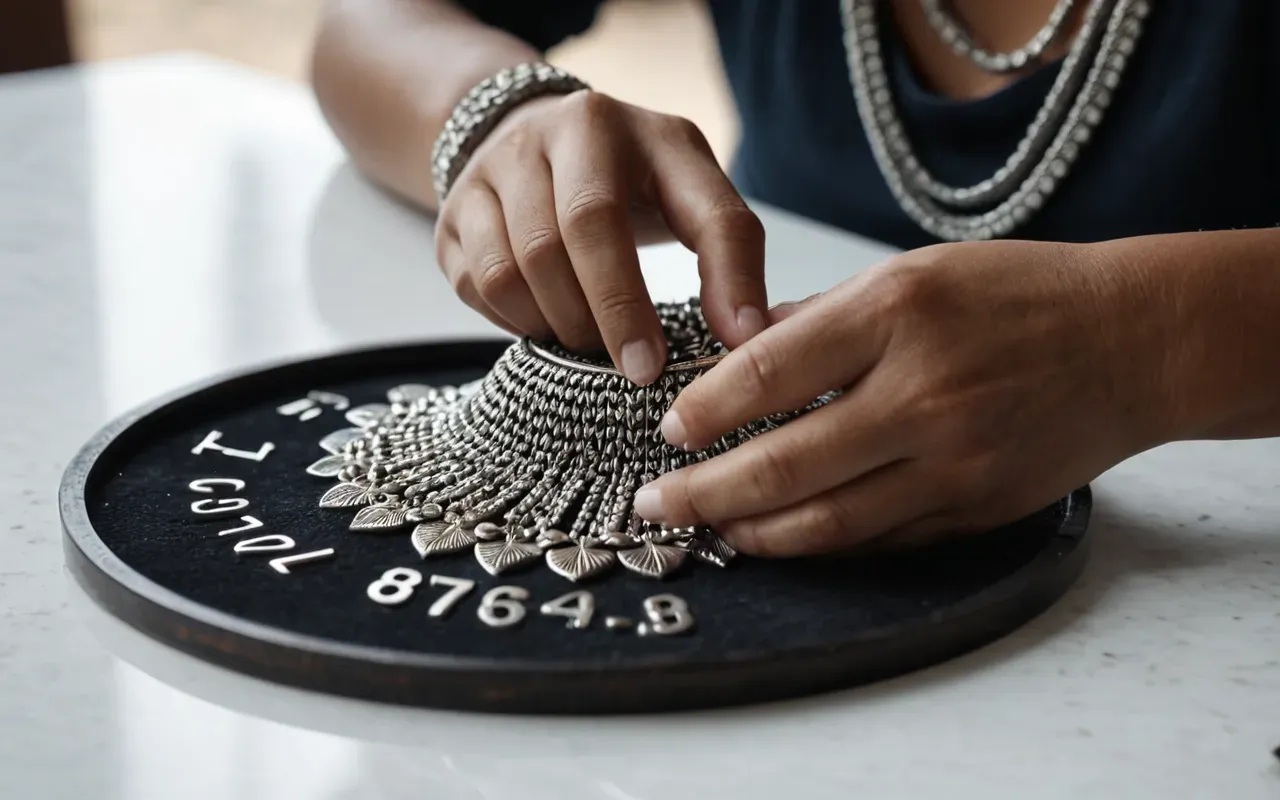 Close up of hands polishing a silver necklace with a soft cloth on a clean white table bright natural lighting editorial style